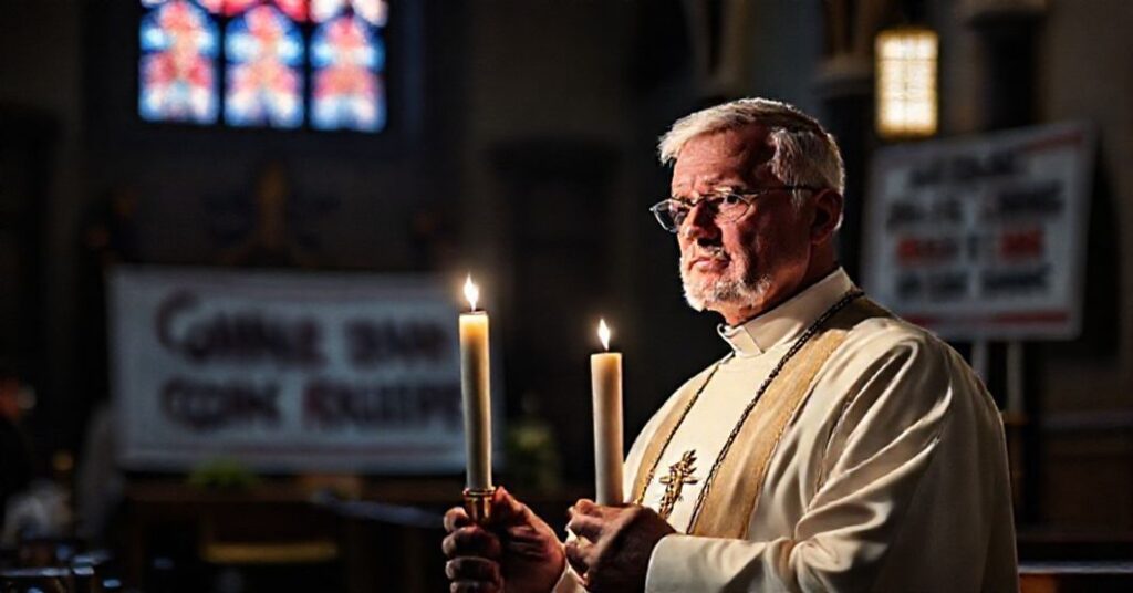 Ksiądz katolicki w tradycyjnym kościele, trzymający świecę, otoczony żałobnym nastrojem i symbolami wiary. W tle protest przeciwko aborcji i transseksualizmowi w administracji Trumpa.