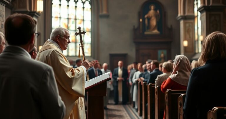Realistyczne zdjęcie katolickiego księdza odprawiającego mszę w tradycyjnym kościele, pełne powagi i głębokiej wiary, podkreślające autentyczną religijność