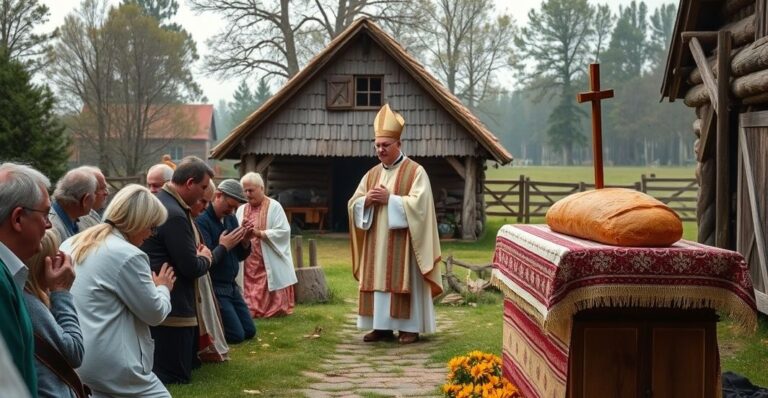 Reverent Catholic outdoor mass w polskiej wsi, kapłan i wierni, symbol chleba jako Eucharystii, podkreślający krytykę modernistycznych zmian liturgicznych