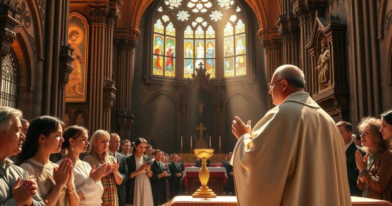 Szczegółowa, pełna szacunku scena katolickiej Mszy świętej w tradycyjnej świątyni, z kapłanem w ornacie i wiernymi modlącymi się uważnie, ukazująca głęboką pobożność i wiarę katolicką.