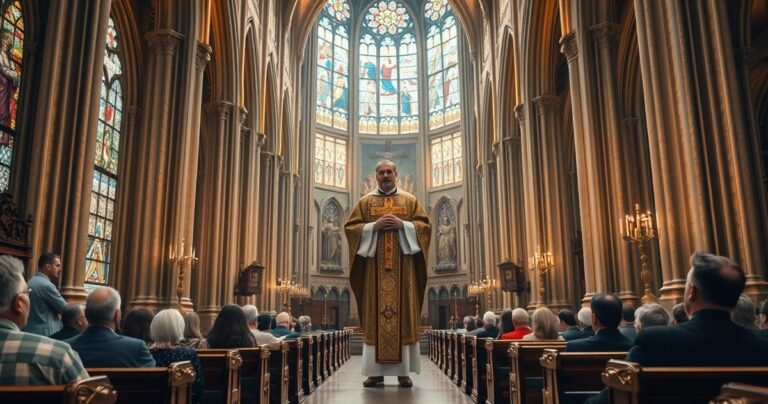 Szczegółowe zdjęcie tradycyjnego katolickiego wnętrza kościoła z kapłanem trzymającym krucyfiks podczas Eucharystii, ukazujące skupienie i pobożność wiernych.