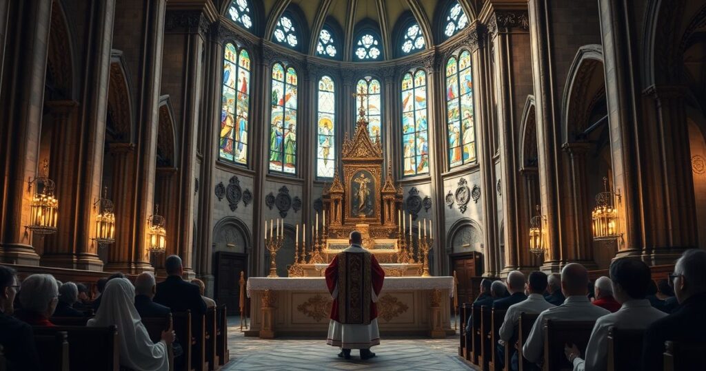 Fotorealistyczny obraz katolickiej Mszy w sanktuarium, z kapłanem w vestiach, ołtarzem i wiernymi w modlitewnym skupieniu