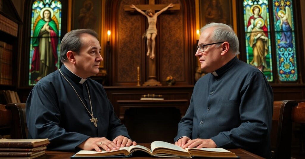 Scena w tradycyjnym kościele katolickim z księdzem i laikiem dyskutującymi o zagrożeniach pozaziemskich i fałszywej propagandy.