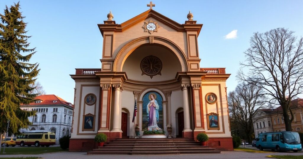Realistyczne zdjęcie katolickiej pielgrzymki w Mariamabad, z wiernymi modlącymi się przed obrazem Maryi, ukazujące głęboki kult Matki Bożej w tradycyjnym katolickim duchu.