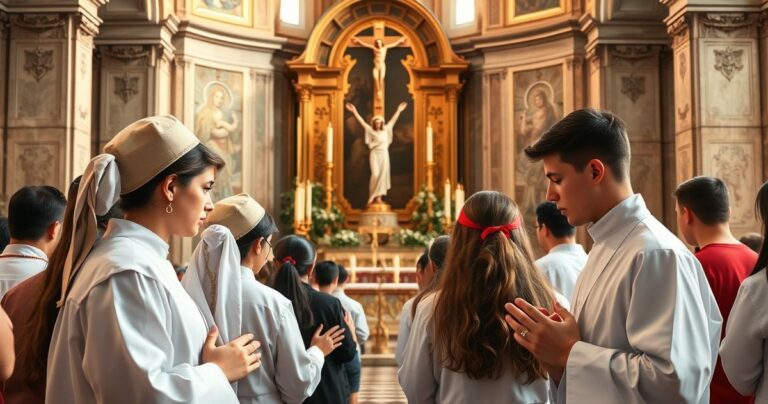 Rekolekcja młodzieży katolickiej podczas pielgrzymki, modlących się przed ołtarzem z krzyżem i świecami, wyrazami głębokiej wiary i nadziei