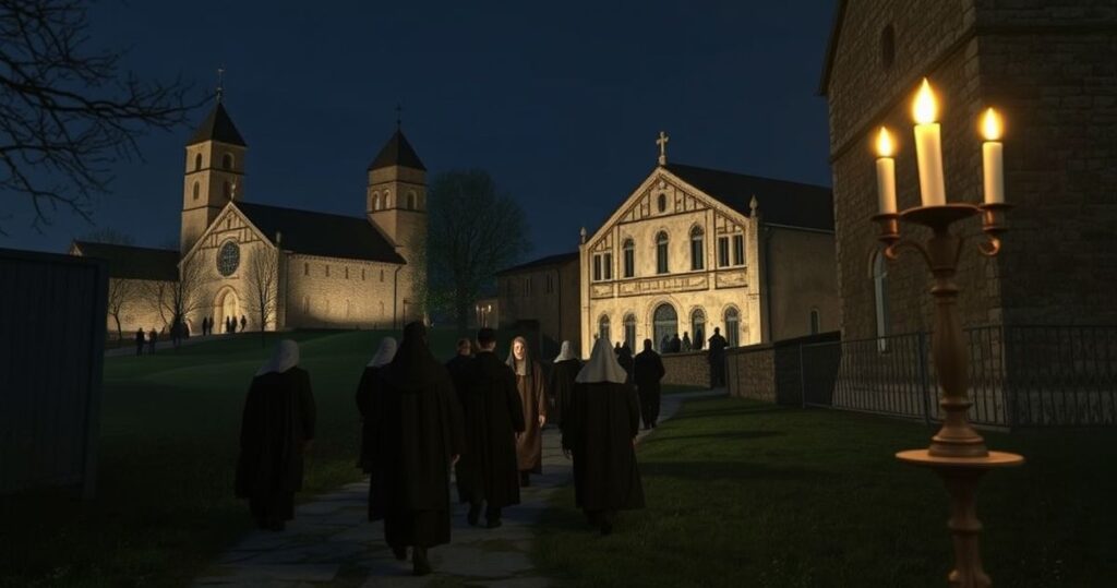 Realistyczne zdjęcie katolickiej pielgrzymki nocnej, z wiernymi w tradycyjnych strojach przy świetle świec, w spokojnej atmosferze modlitwy i pokuty, ukazujące głębię wiary i tradycji katolickiej.