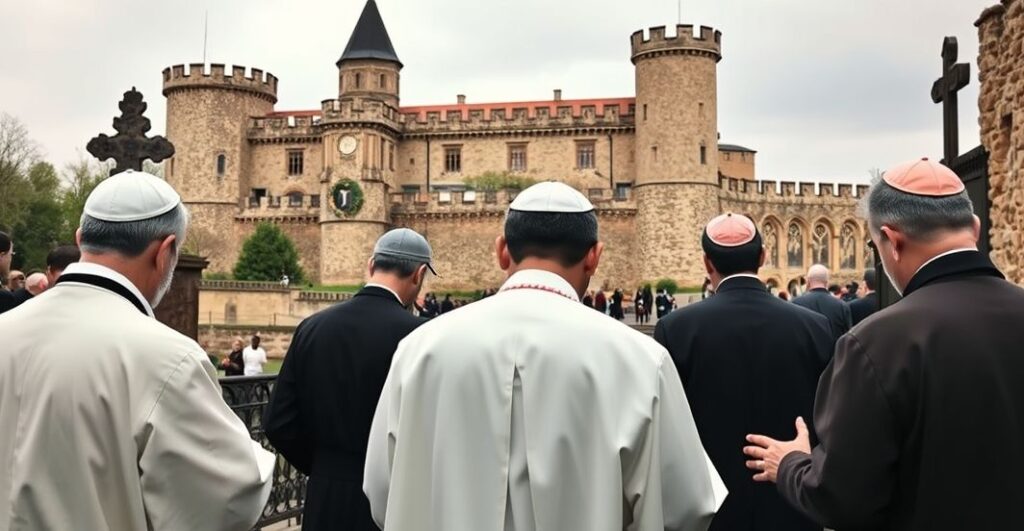 Rewersyjne zdjęcie katolickich mężczyzn modlących się przy relikwiach, ukazujące głęboką wiarę i tradycyjną pobożność na tle historycznego zamku, symbolizujące obronę katolickiej tożsamości.