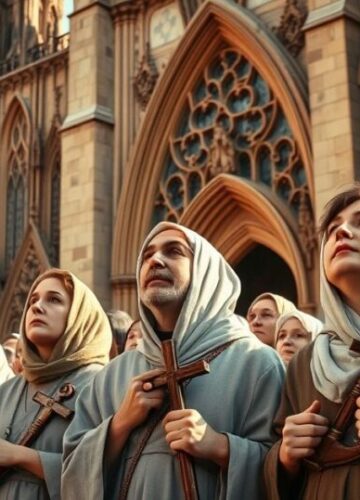 Obraz pielgrzymów katolickich w duchu tradycyjnym na drodze do świętości Realistyczne zdjęcie katolickiego pielgrzymowania z modliącymi się wiernymi, modlitewniki, krzyże, spokojne otoczenie, wyraz pobożności i pokory