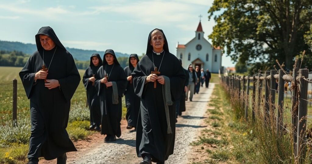 Realistyczne zdjęcie katolickiego pielgrzymowania z modliącymi się wiernymi, modlitewniki, krzyże, spokojne otoczenie, wyraz pobożności i pokory