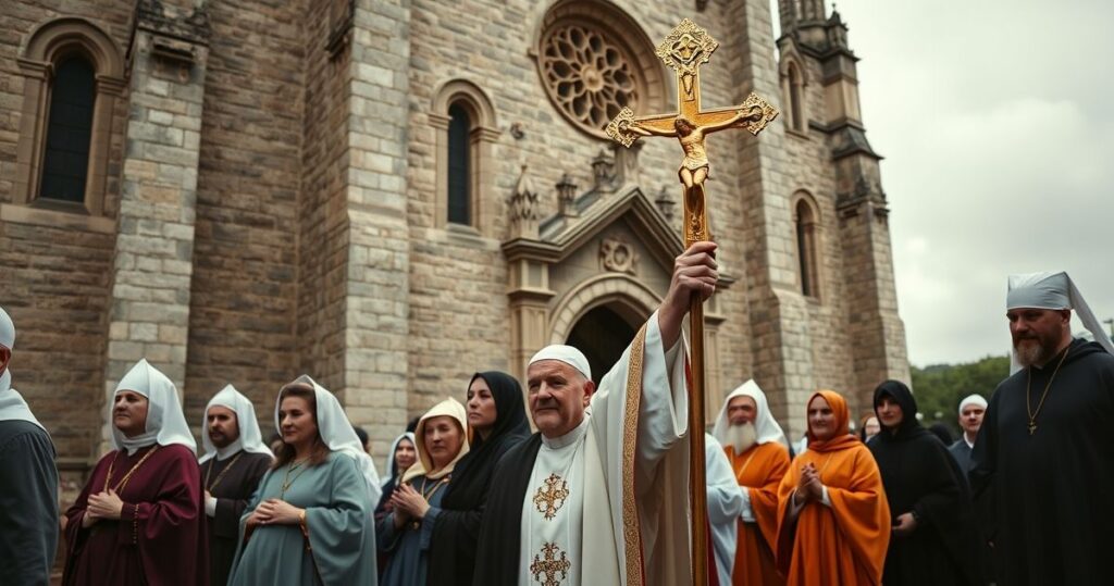 Realistyczny obraz katolickich pielgrzymów w tradycyjnych szatach podczas procesji w historycznym kościele, oddający powagę i wiarę