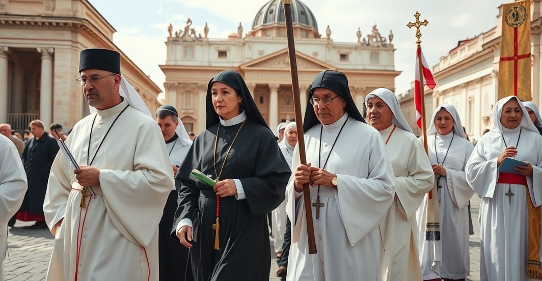 Realistyczny obraz katolickiej pielgrzymki do Watykanu Fotografia realistycznych katolickich pielgrzymów przed Watykanem, ukazująca ich pobożność i oddanie wierze, w tradycyjnym stroju, z różańcami i flagami, na tle Bazyliki św. Piotra