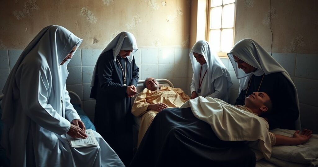 Zdjęcie realistyczne katolickich wolontariuszy opiekujących się rannymi w jemeńskim szpitalu, ukazujące autentyczną, pełną współczucia pomoc humanitarną bez symbolicznych elementów
