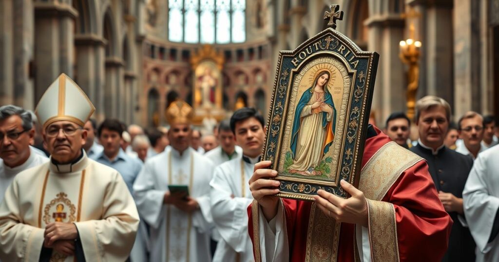 Szczegółowe zdjęcie katolickiej procesji w bazyliki, ukazujące tradycyjne vestments i głęboki kult religijny, krytyczne wobec modernistycznych praktyk w Kościele