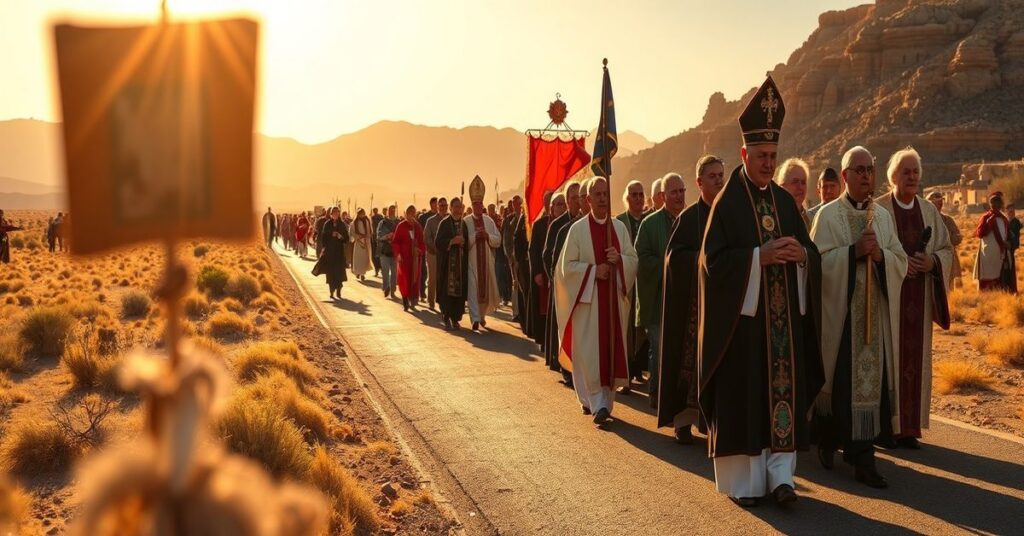 Katolicki procesja w pobliżu świętego miejsca Oak Flat w Arizonie
