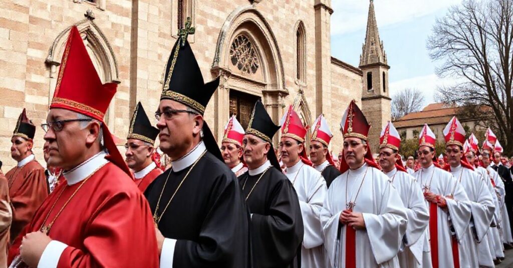 Szkic realistyczny katolickich duchownych w procesji przed historycznym kościołem, podkreślający tradycyjną liturgię i autentyczną architekturę, ukazujący powagę Kościoła w obliczu współczesnych zagrożeń.