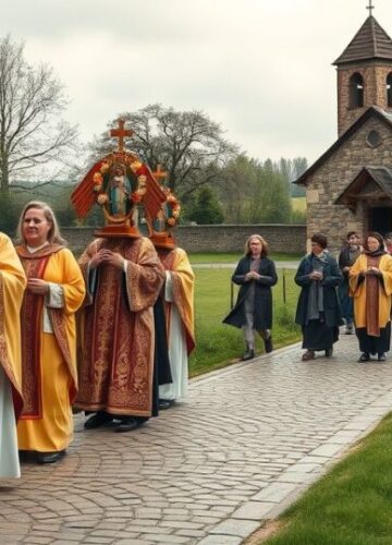 Katolicka procesja w tradycyjnym stylu na wsi Fotografia realistyczna katolickiej procesji z obrazem Matki Bożej, wiernymi w tradycyjnych sutannach, w plenerze, odzwierciedlająca autentyczną, pełną szacunku ceremonię religijną