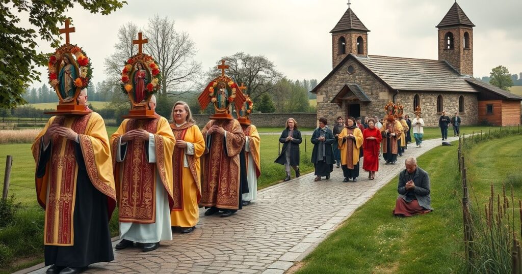 Fotografia realistyczna katolickiej procesji z obrazem Matki Bożej, wiernymi w tradycyjnych sutannach, w plenerze, odzwierciedlająca autentyczną, pełną szacunku ceremonię religijną