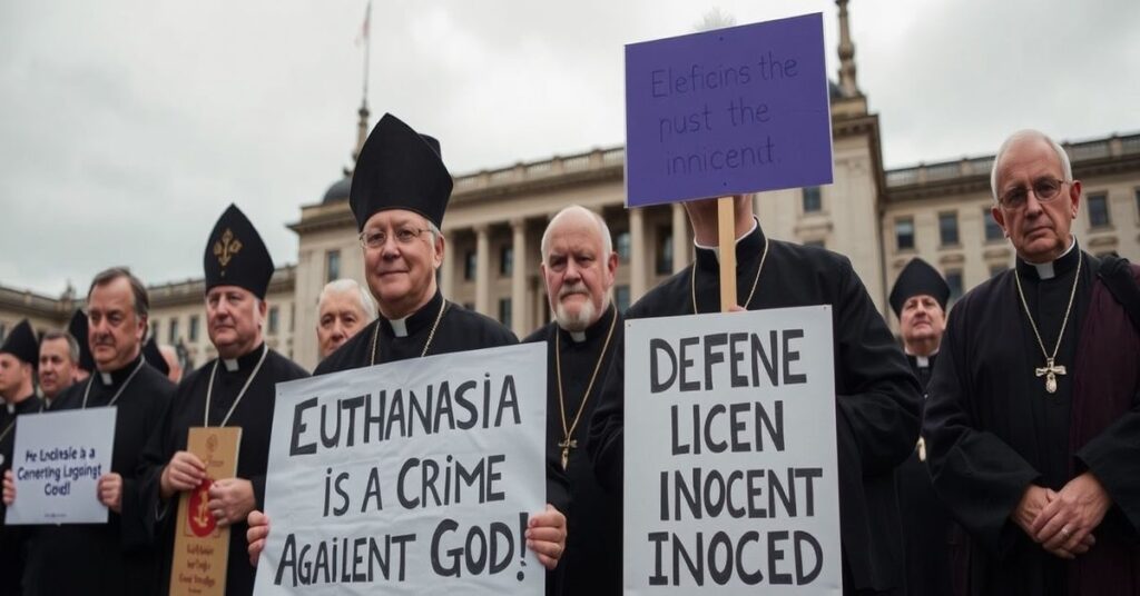 Grupa tradycyjnych katolickich duchownych protestujących przed szkockim parlamentem przeciwko eutanazji