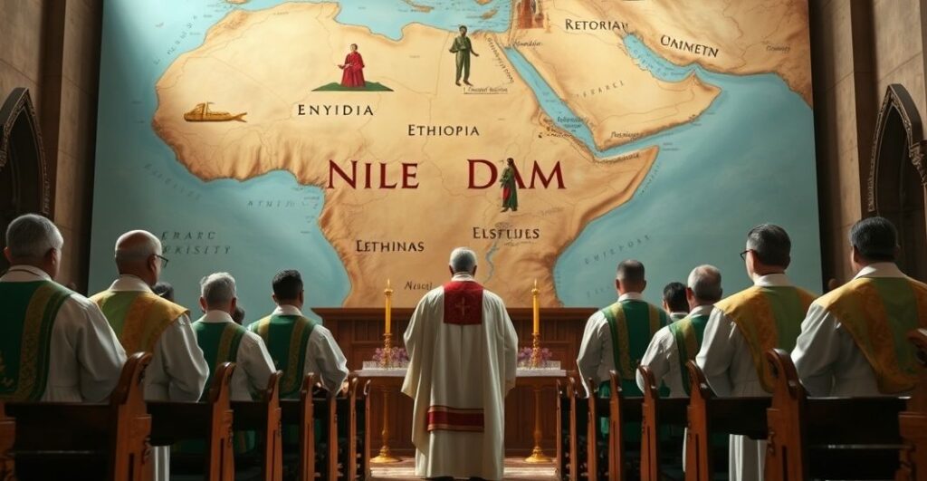 Ksiądz i wierni w kościele rozważający moralne konsekwencje budowy tamy GERD na Nilu
