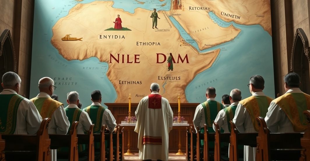 Ksiądz i wierni w kościele rozważający moralne konsekwencje budowy tamy GERD na Nilu
