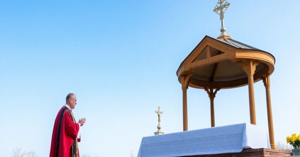 Rekolekcja katolicka na zewnątrz, kapłan w liturgicznych szatach modli się przed ołtarzem, podkreślając prawdziwą katolicką eucharystię i odrzucając modernistyczne praktyki ekologiczne