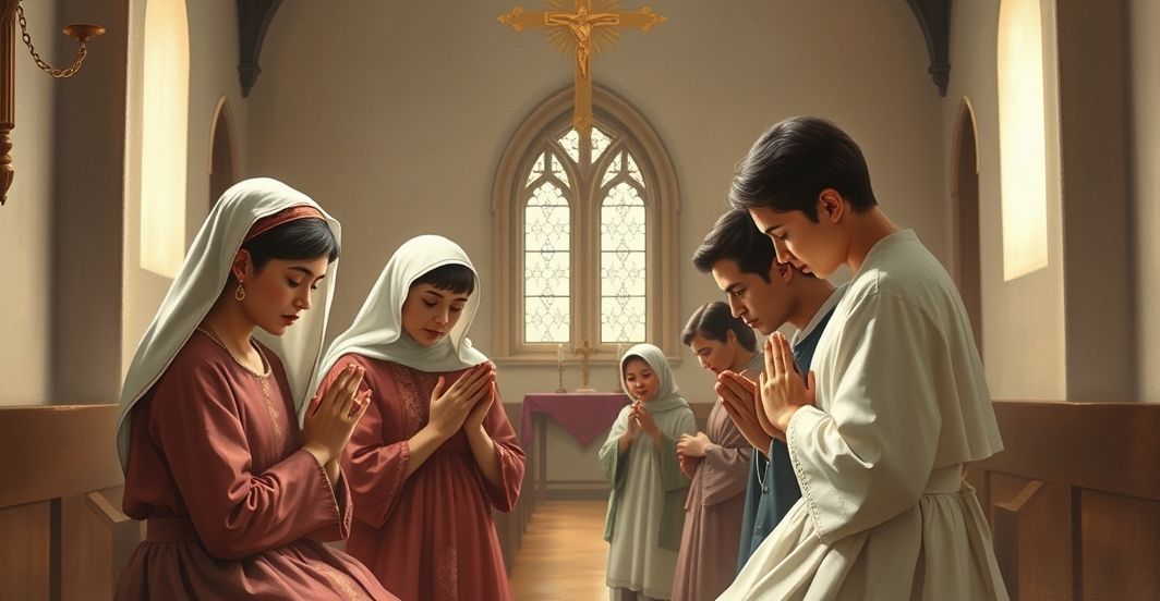 Tradycyjna katolicka rodzina modląca się w kościele - krytyka ideologii gender Rewerentna scena katolicka rodziny modlącej się w tradycyjnym kościele, symbolizująca wierność Bożemu porządkowi i krytykę ideologii gender.