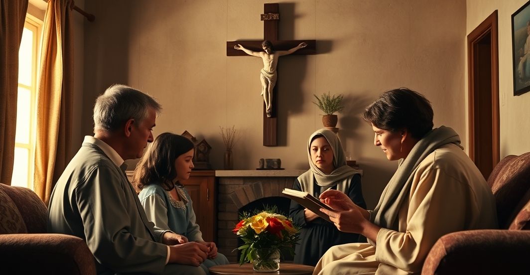 Rodzina katolicka modląca się przy krzyżu, tradycyjny obraz religijnej wspólnoty w domu, bez technologii