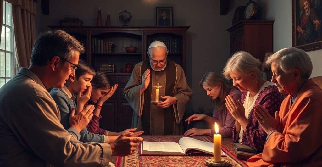 Tradycyjna katolicka rodzina modląca się w domu, symbol jedności i wiary w tradycyjnej religijnej atmosferze