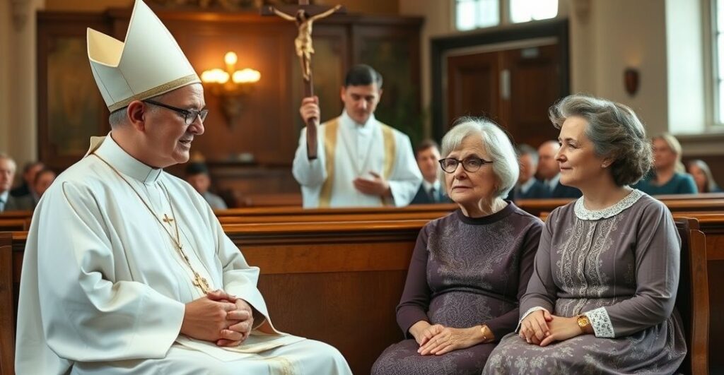 Obraz wiernej katolickiej rodziny w kościele z kapłanem trzymającym krzyż, symbolizujący wierność tradycyjnym naukom Kościoła
