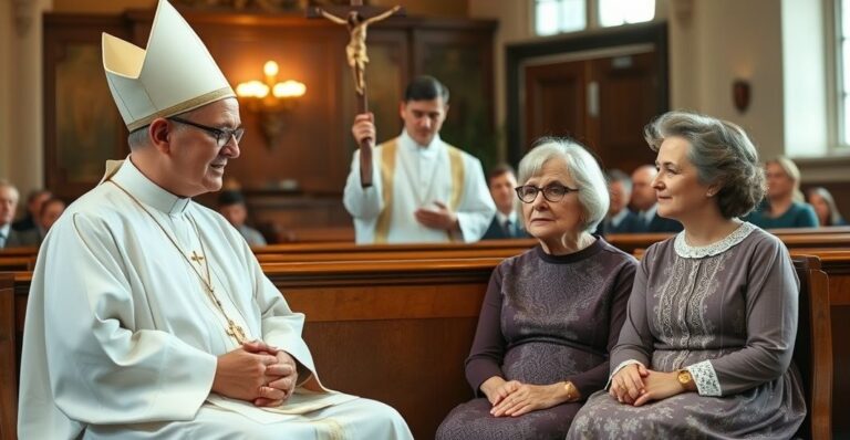 Obraz wiernej katolickiej rodziny w kościele z kapłanem trzymającym krzyż, symbolizujący wierność tradycyjnym naukom Kościoła
