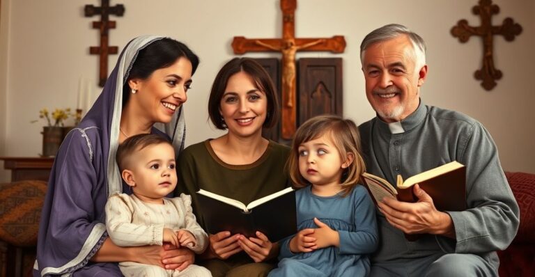 Catholic rodzice wychowujący dzieci w domu z religijnym symbolem i rodziną w modlitewnej, poważnej scenie
