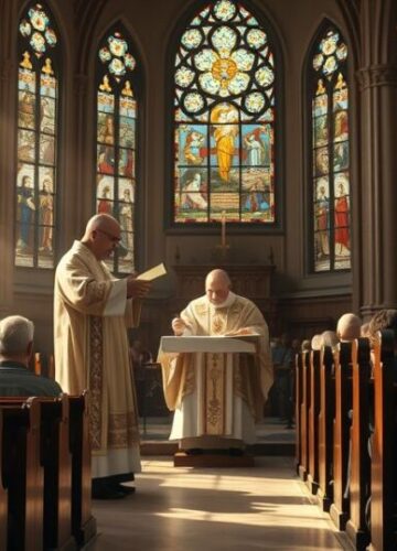 Katolicka scena sakramentalna w tradycyjnej świątyni Rekolekcje katolickie z kapłanem udzielającym sakramentu namaszczenia chorych w tradycyjnej świątyni