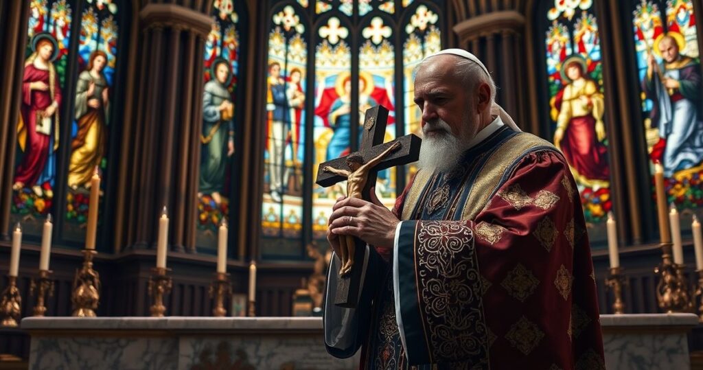 Realistyczne, pełne szacunku zdjęcie katolickiego kapłana przy ołtarzu, trzymającego krucyfiks, w otoczeniu świętych witraży, wyrażające pokorę, wiarę i autorytet Kościoła.