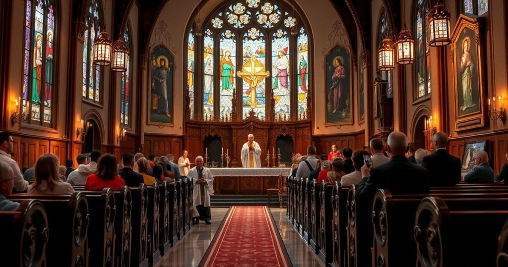 Rewersyjna scena katolicka w kościele, przedstawiająca modlitwę i refleksję nad prawdą wiary, krytykująca ekumeniczne i nowoczesne praktyki religijne