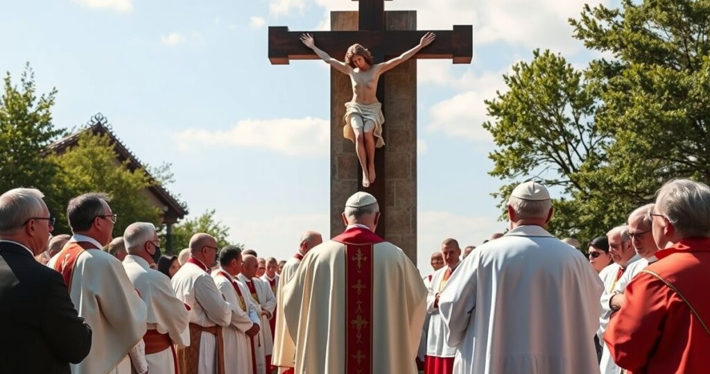 Rekolekcja katolicka przed krucyfiksem z wiernymi i duchownymi, wyrazy troski i refleksji nad kryzysem porządku Bożego, symbolizująca opór wobec globalistycznej zdrady.