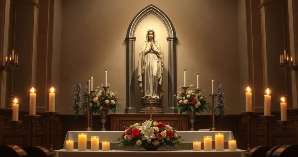 Religijna scena w kościele z figurą Matki Bożej, świecami i kwiatami, symbolizująca pobożność katolicką i wierność naukom Kościoła