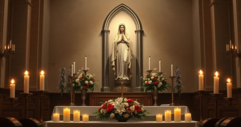 Religijna scena w kościele z figurą Matki Bożej, świecami i kwiatami, symbolizująca pobożność katolicką i wierność naukom Kościoła