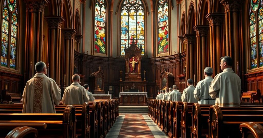 Obraz przedstawiający tradycyjną katolicką cerkiew z kapłanami w vestamentach, symbolizujący obronę katolickiej wiary wobec protestanckiego aktywizmu i ekumenizmu.