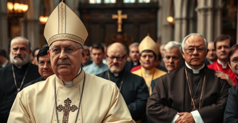 Religijni katoliccy duchowni i wierni podczas poważnej konferencji w tradycyjnym kościele, symbolizujący sprzeciw wobec ekumenizmu i modernistycznych reform