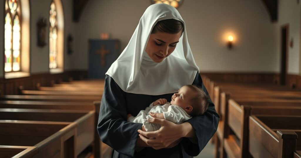 Religijna zakonnica trzymająca niemowlę w świątyni, symbolizująca moralną odpowiedzialność i świętość życia w katolickim stylu
