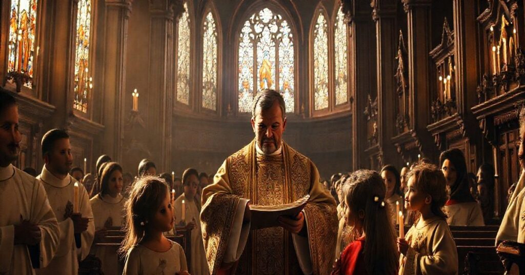 Obraz katolickiej świątyni z kapłanem i dziećmi przyjmującymi Eucharystię, oddający powagę i religijność, ukazujący duchową ochronę i tradycyjne wartości katolickie.