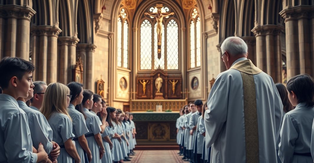 Rewersyjne zdjęcie katolickiej uroczystości szkolnej w katedrze, z uczniami, kapłanem i krzyżem, oddające powagę i tradycję