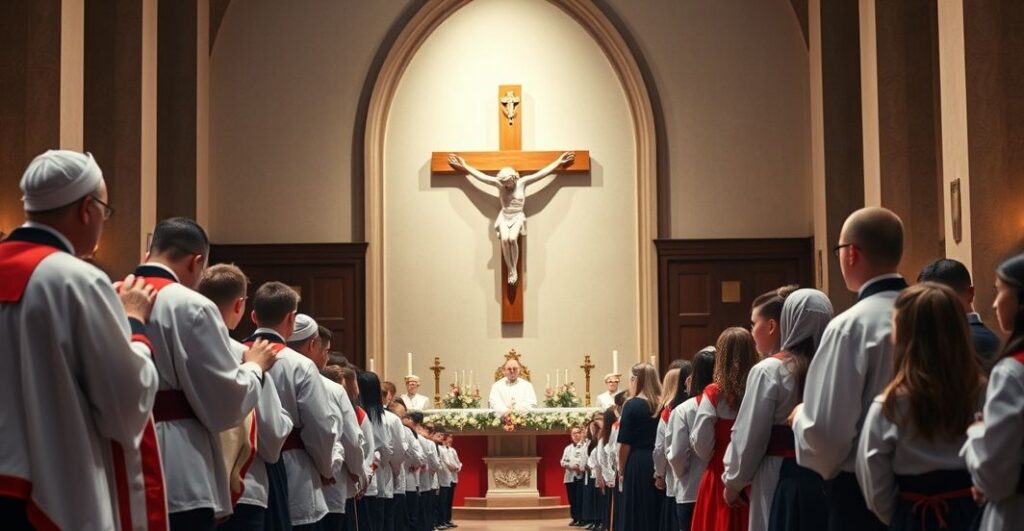 Rewersyjne, religijne zdjęcie szkolnej uroczystości katolickiej z krzyżem, kapłanami i uczniami w tradycyjnych strojach, ukazujące powagę i wiarę zgodnie z katolicką doktryną.