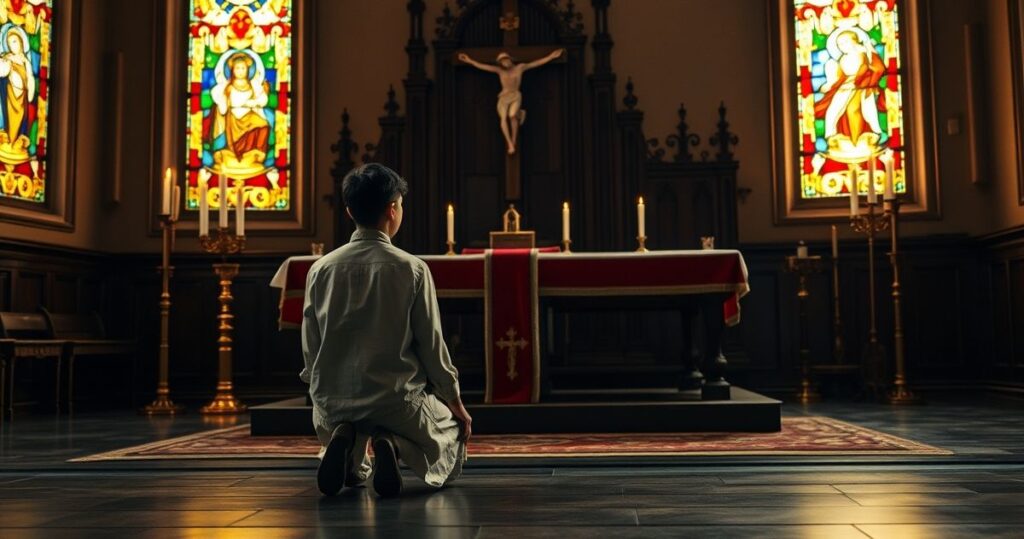 Młody absolwent modlący się przed ołtarzem z krzyżem, symbolizujący potrzebę Bożej pomocy w trudnych wyborach życiowych