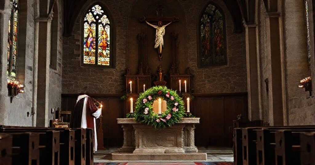 Wnętrze kościoła z tradycyjnym ołtarzem i adventową wieńcem świątecznym