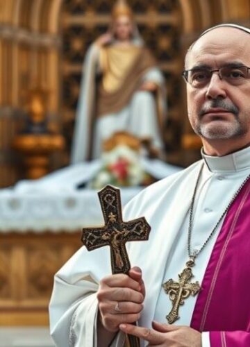 Katolicki aktywista w obronie tradycyjnej wiary i moralności Katolicki aktywista w modlitewnym geście z krzyżem, symbol wiary i obrony moralności w kontekście kontrowersji wokół modernistycznych działań.