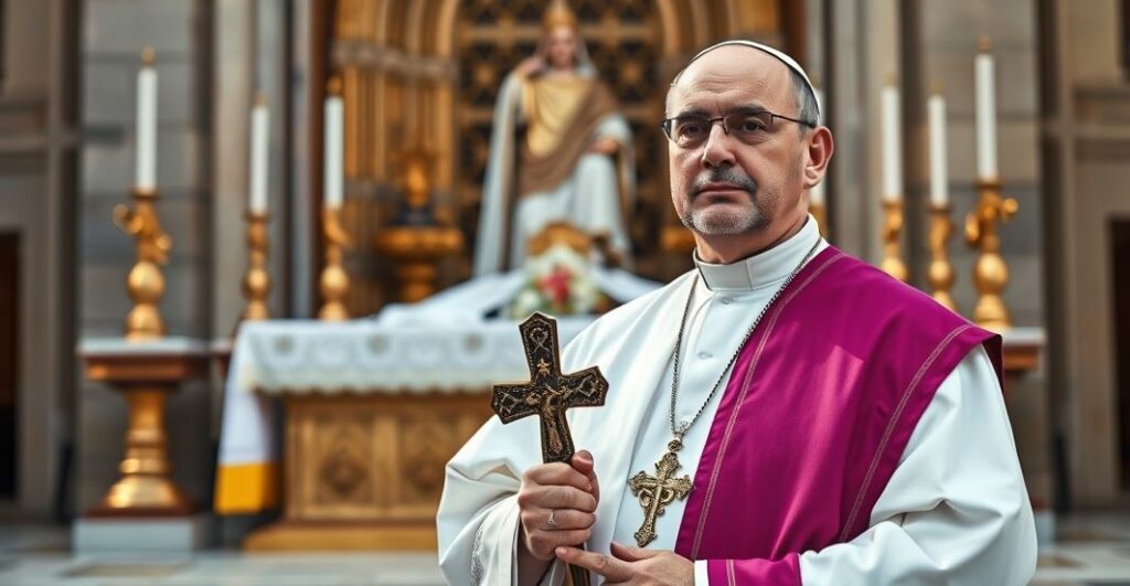 Katolicki aktywista w modlitewnym geście z krzyżem, symbol wiary i obrony moralności w kontekście kontrowersji wokół modernistycznych działań.