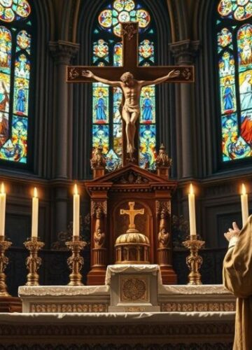 Reverentny obraz katolickiego ołtarza z kapłanem, symbolizujący duchową władzę i krytykę sekularyzmu Reverentny obraz tradycyjnego katolickiego ołtarza z krucyfiksem i kapłanem w vestmentach, symbolizujący duchową władzę i krytykę sekularyzmu wobec Bożego Królestwa