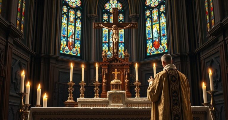 Reverentny obraz tradycyjnego katolickiego ołtarza z krucyfiksem i kapłanem w vestmentach, symbolizujący duchową władzę i krytykę sekularyzmu wobec Bożego Królestwa