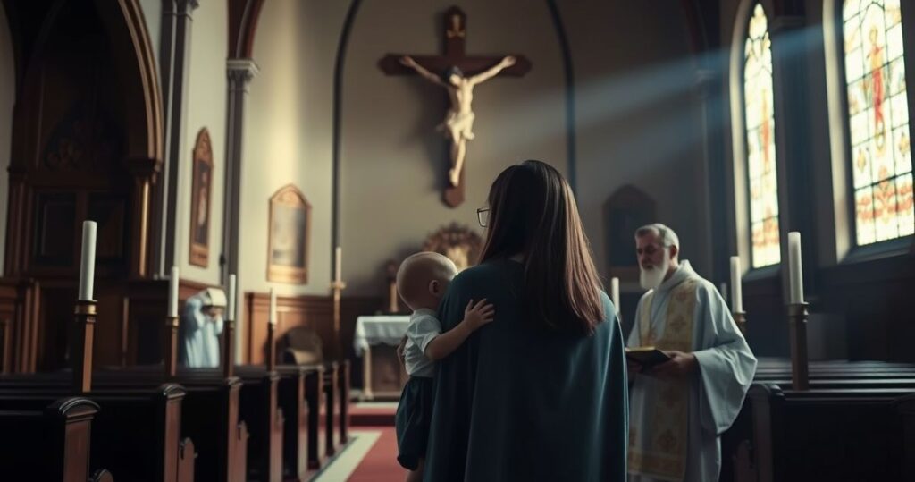 Reverentna scena w tradycyjnej katolickiej świątyni z matką i dzieckiem, podkreślająca znaczenie naturalnego rodzicielstwa i wartości moralnych